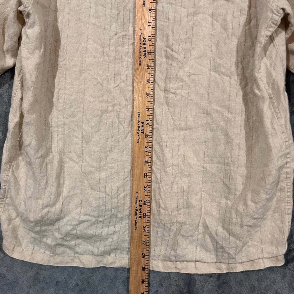 Banana Republic Mens 100% Linen Short Sleeve Shirt Beige Striped V-Neck Large